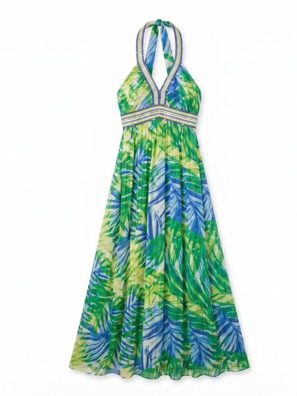 BCBGMAXAZRIA Silk Blue Floral Pleated Halter Maxi Dress — Size 10